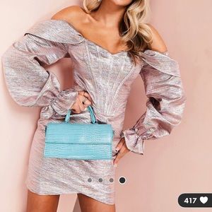 LUXE off shoulder corset mini dress with statement sleeves in metallic glitter